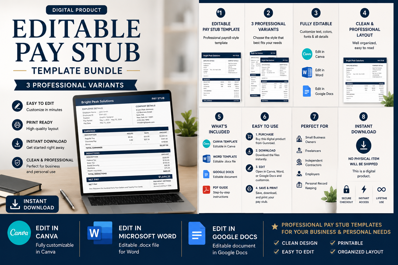Editable Pay Stub Template Bundle – Canva, Word & Google Docs preview 2